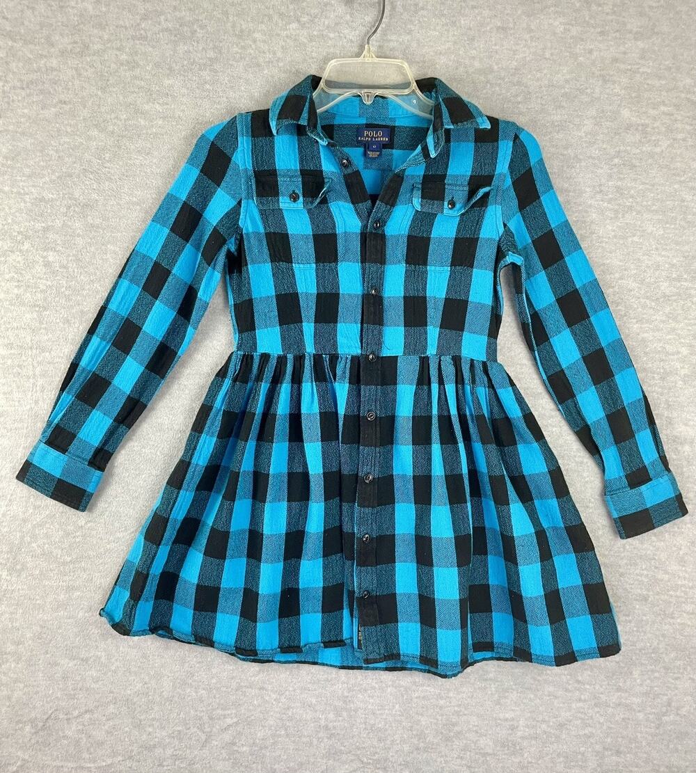 Polo Ralph Lauren Girls 12 Flannel Dress Turquoise Black Buffalo Check Button Up